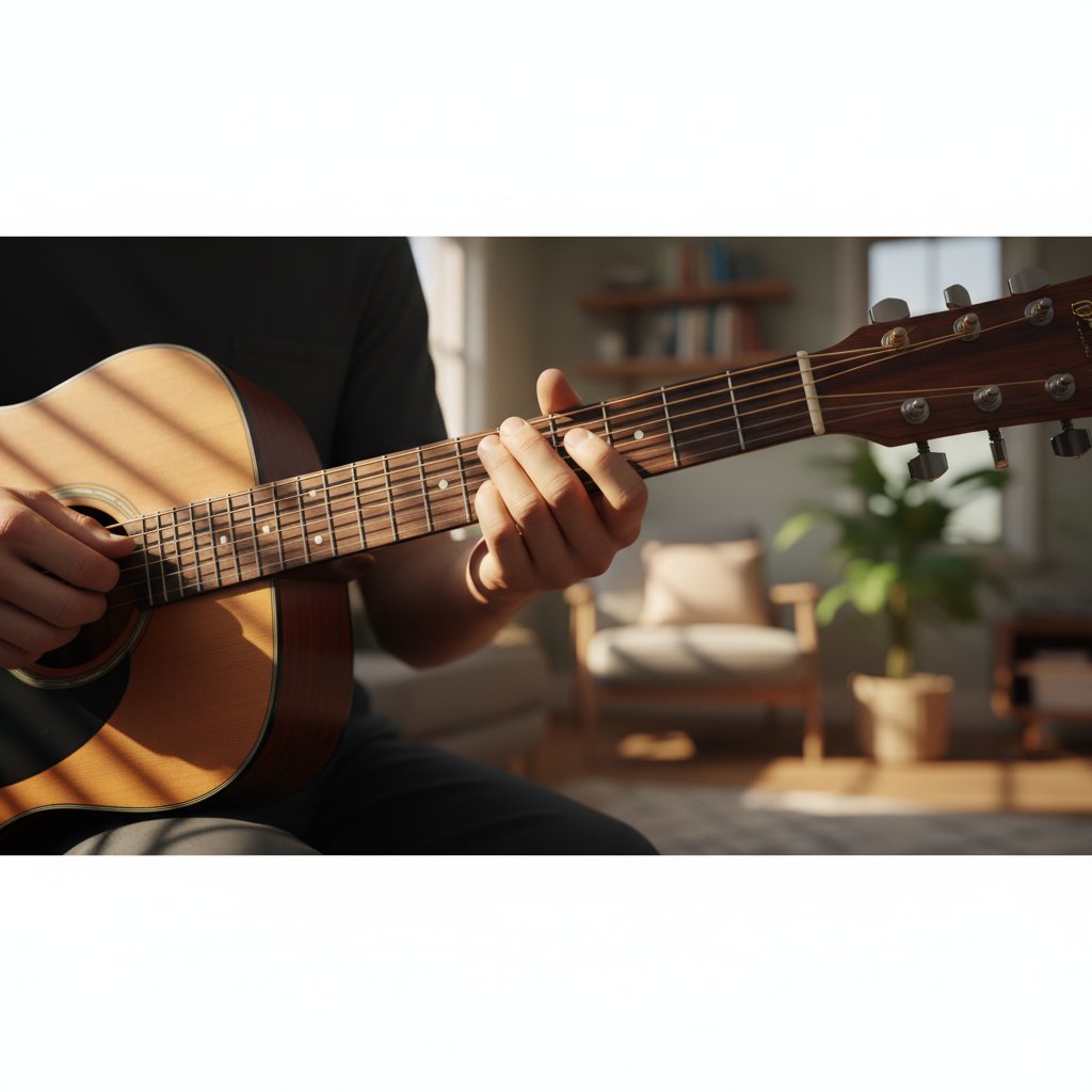 Beginner learning acoustic guitar with proper hand positioning